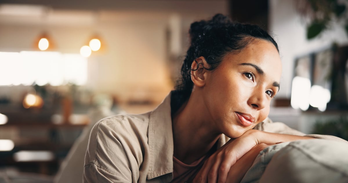 Calm, thinking or woman in house with mindfulness, past memory or insight with morning inspiration. Reflection, bokeh or person in home with mindset, nostalgia or peaceful perspective at start of day