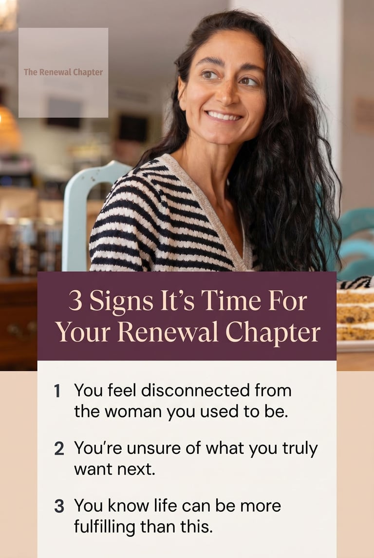 Woman smiling in striped top with text listing 3 signs its time for your renewal chapter